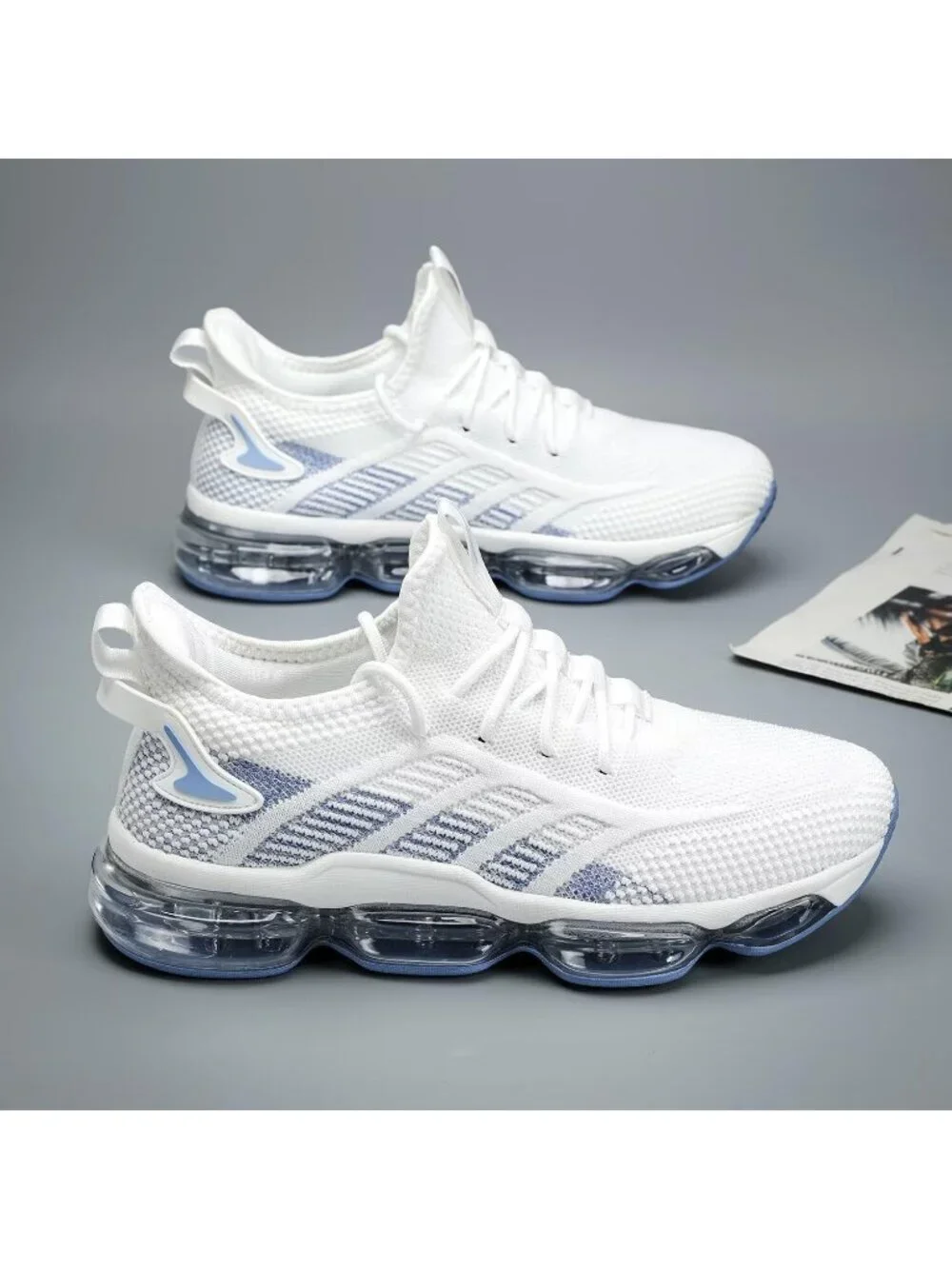 Men's White Blue Running Shoes Air Cushion Slip on Walking Tennis Sneakers